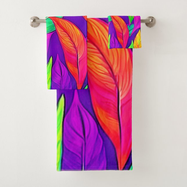 Colorful Neon Ethereal Leaves Pattern Bath Towel Set (Insitu)