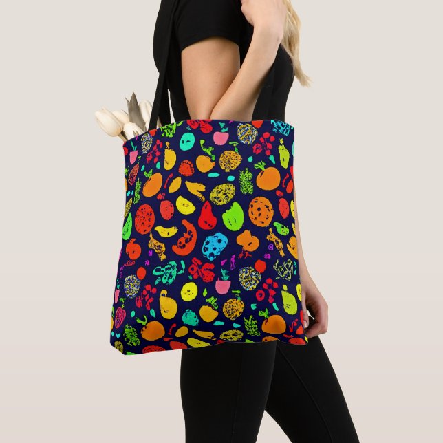 Colorful Neon Fruit Pattern Art Tote Bag (Close Up)