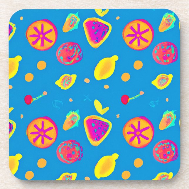 Colorful Neon Fruits Pattern Symphony Beverage Coaster (Front)