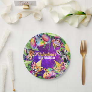 Colorful Neon Glow Jungle Safari Party Animals Paper Plates