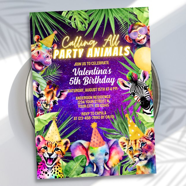 Colorful Neon Glow Safari Party Animals Birthday Invitation (Creator Uploaded)