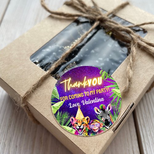 Colorful Neon Glow Safari Party Animals Thank You Classic Round Sticker