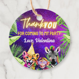 Colorful Neon Glow Safari Party Animals Thank You Favor Tags