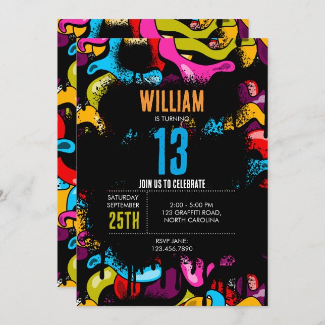 Colorful Neon Graffiti Hip Hop Street Art Birthday Invitation (Front/Back)