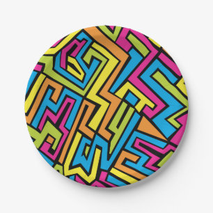 Colorful Neon Graffiti Street Art Pattern Paper Plates