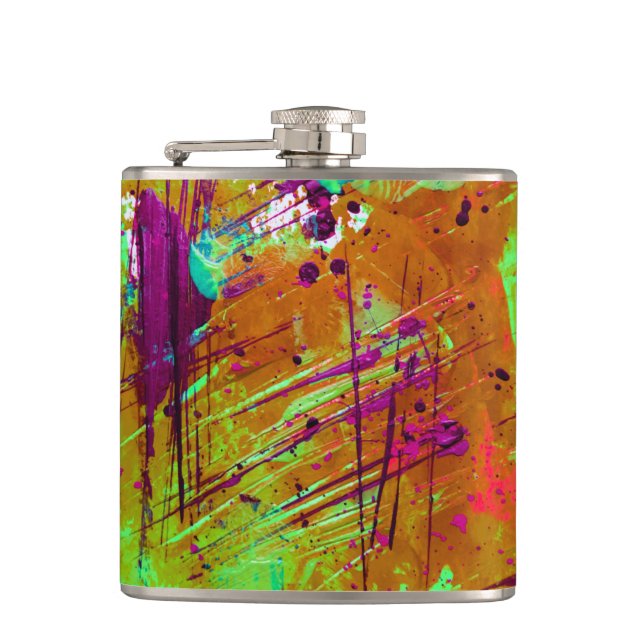 Colorful Neon Green Abstract Splatter Paint Flask (Front)