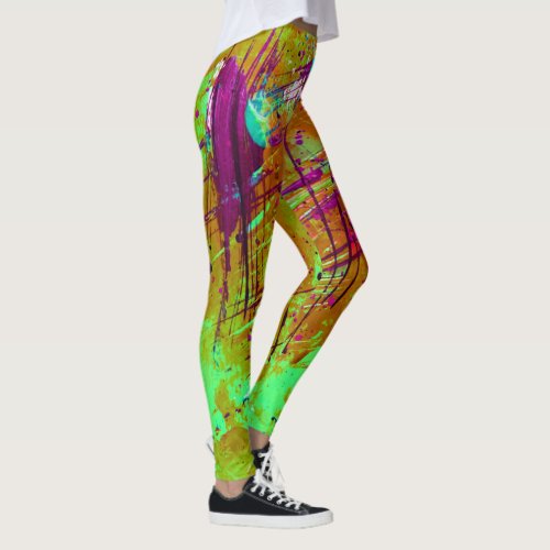 Colorful Neon Green Abstract Splatter Paint Leggings