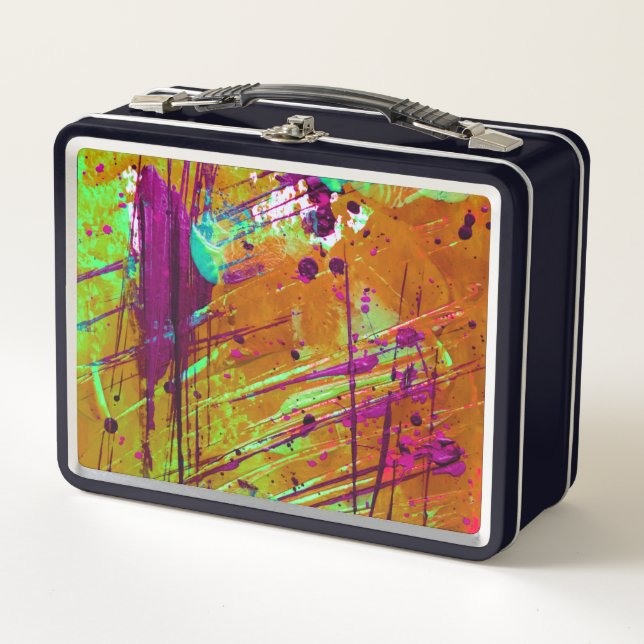 Colorful Neon Green Abstract Splatter Paint Metal Lunch Box (Front)