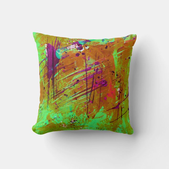 Colorful Neon Green Abstract Splatter Paint Throw Pillow (Front)
