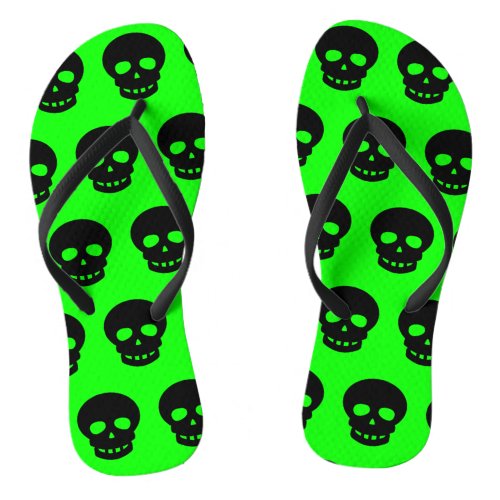 Colorful Neon Green Black Skulls Pattern Womens Flip Flops