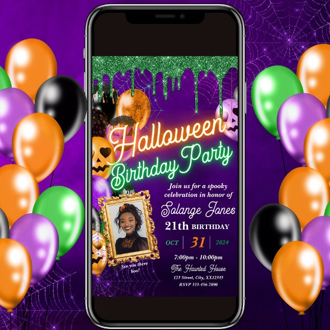 Colorful Neon Halloween Birthday Party Invitation (Creator Uploaded)