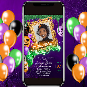 Colorful Neon Halloween Birthday Party Invitation