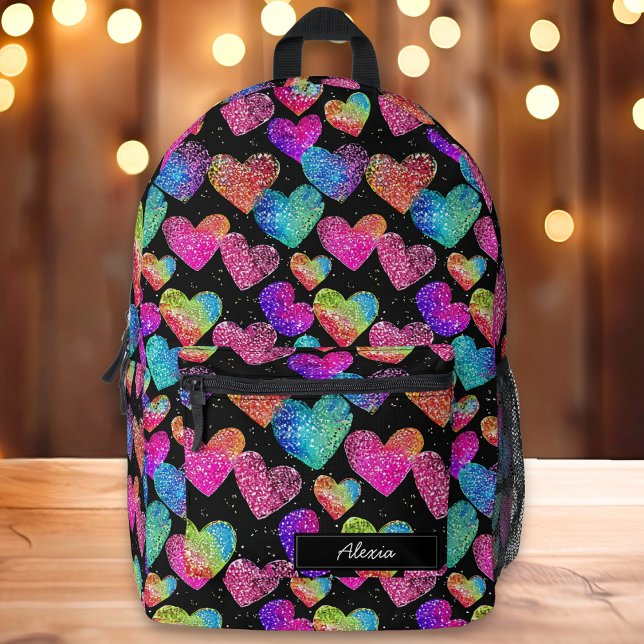 Colorful Neon Heart Print Name Printed Backpack (Creator Uploaded)