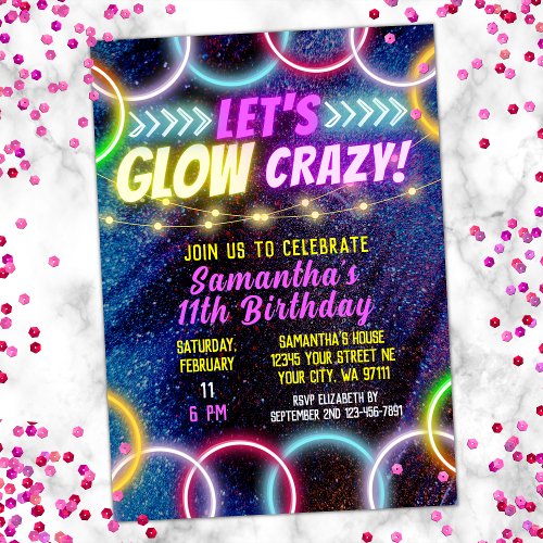 Colorful Neon Lights Lets Glow Crazy Girls Party Invitation