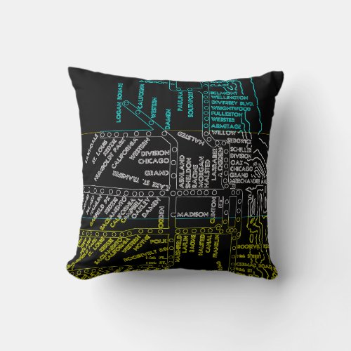 COLORFUL NEON LOOK CHICAGO SUBWAY TRAIN MAP VINTAG THROW PILLOW