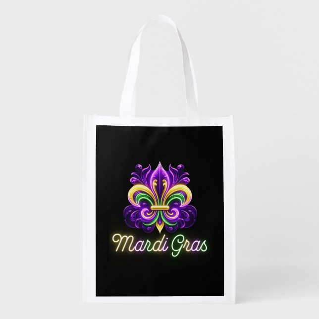 Colorful Neon Mardi Gras Fleur de lis Grocery Bag (Front)