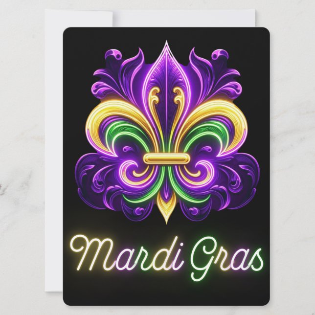 Colorful Neon Mardi Gras Fleur de lis Holiday Card (Front)