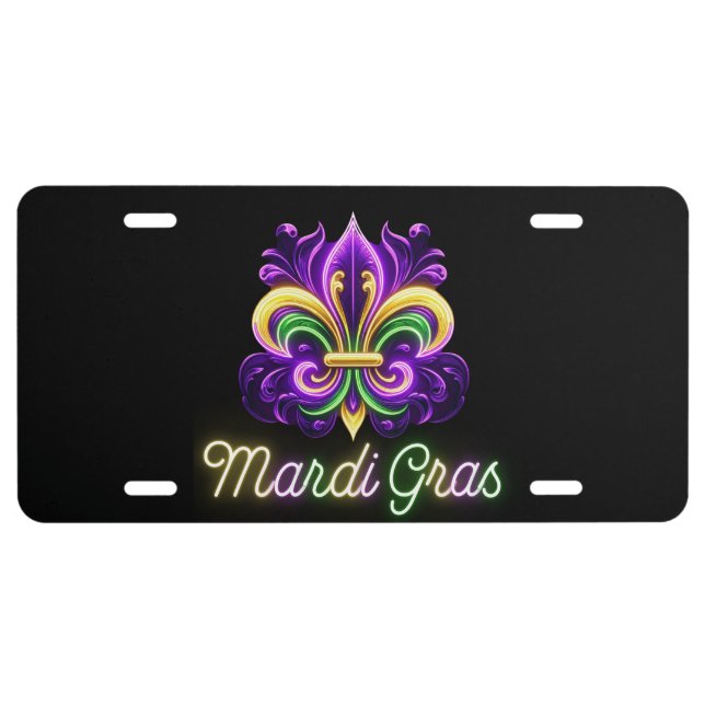 Colorful Neon Mardi Gras Fleur de lis License Plate (Front)