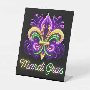 Colorful Neon Mardi Gras Fleur de lis Pedestal Sign