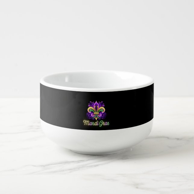Colorful Neon Mardi Gras Fleur de lis Soup Mug (Front)