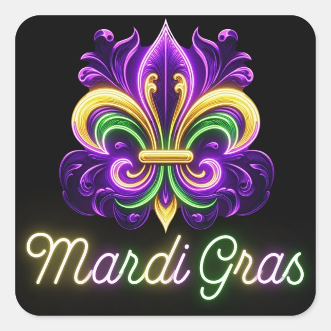Colorful Neon Mardi Gras Fleur de lis Square Sticker (Front)