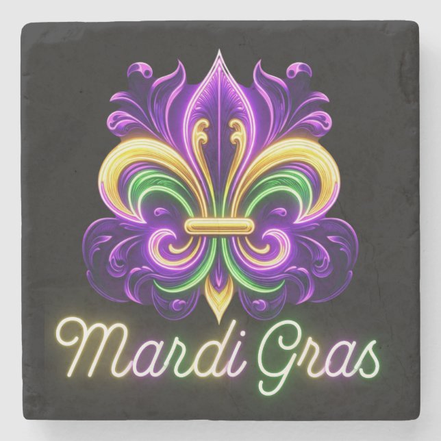 Colorful Neon Mardi Gras Fleur de lis Stone Coaster (Front)