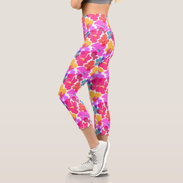 Colorful Neon Modern Flower Pattern Capri Leggings (Left)