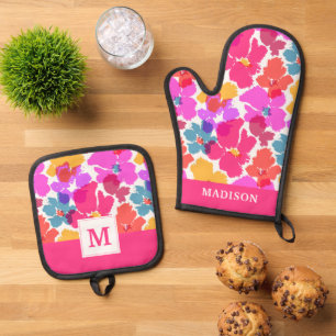 Colorful Neon Modern Flower Pattern Oven Mitt & Pot Holder Set