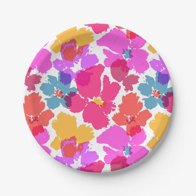 Colorful Neon Modern Flower Pattern Paper Plates (Front)