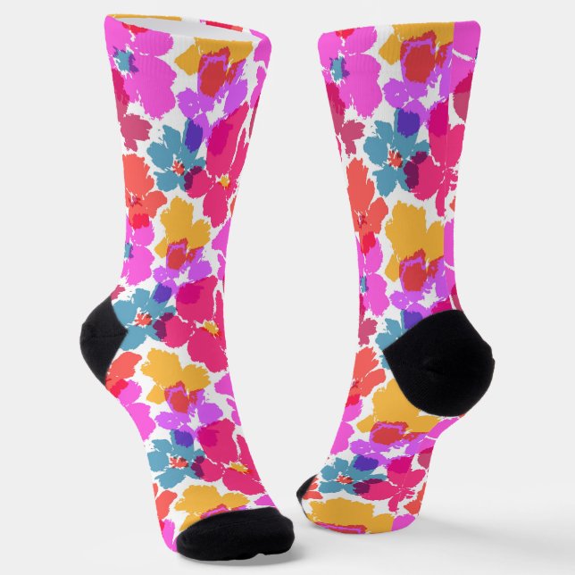 Colorful Neon Modern Flower Pattern Socks (Angled)