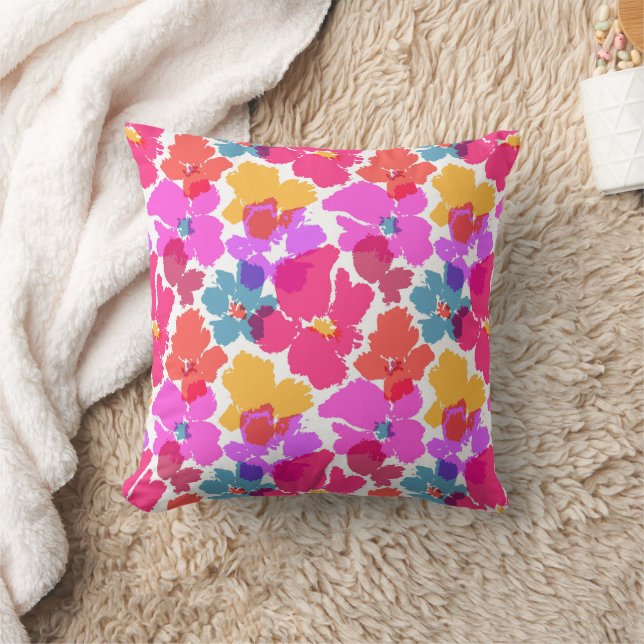 Colorful Neon Modern Flower Pattern Throw Pillow (Blanket)