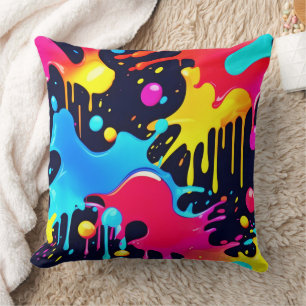 Colorful Neon Paint Splatter Art Throw Pillow