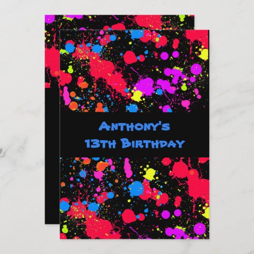 Colorful Neon Paint Splatter Paintball Birthday Invitation