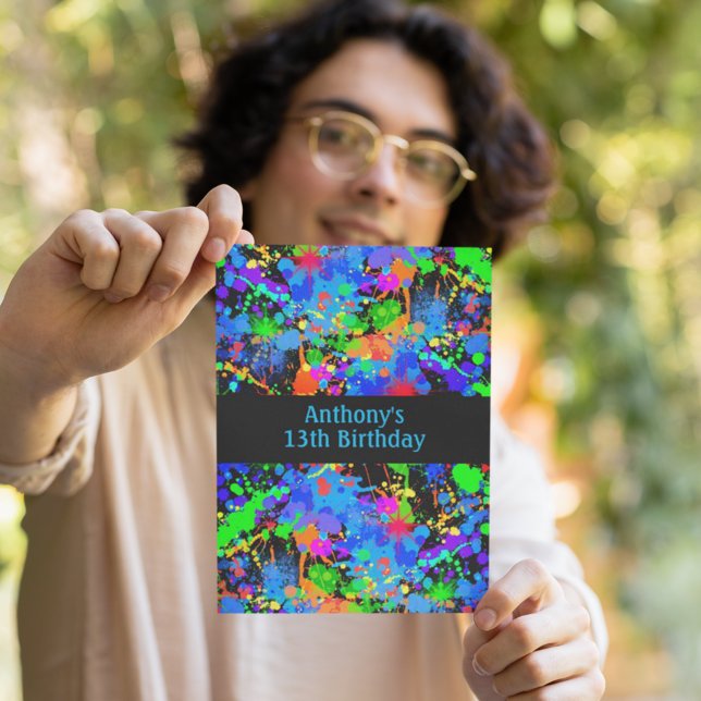 Colorful Neon Paint Splatter Paintball Birthday  Invitation (Creator Uploaded)