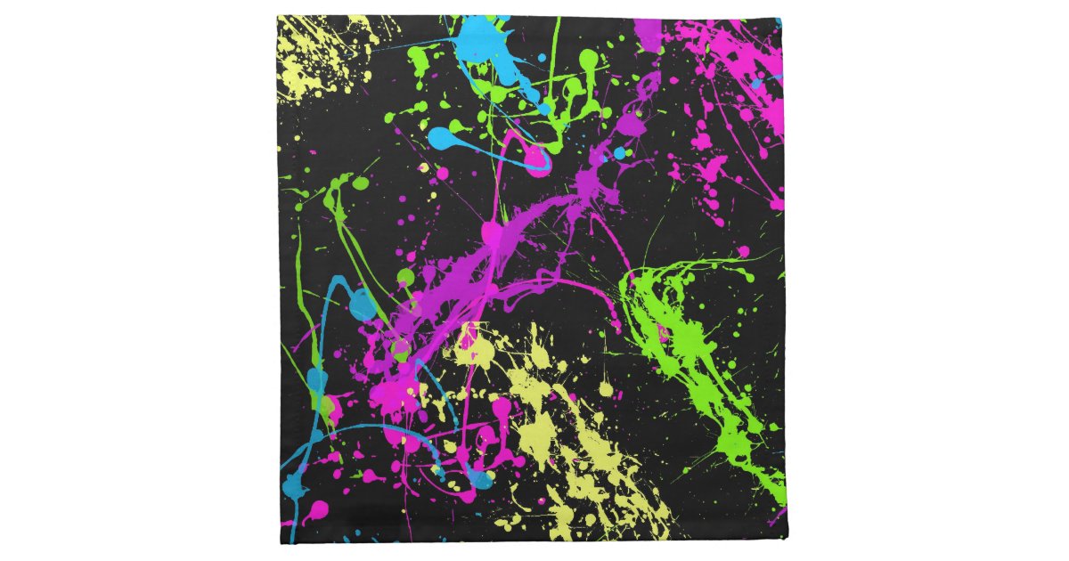 Colorful Neon Paint Splatters On Black Cloth Napkin