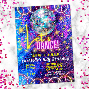 Colorful Neon Pink Glow Girl's Let's Dance Party Invitation