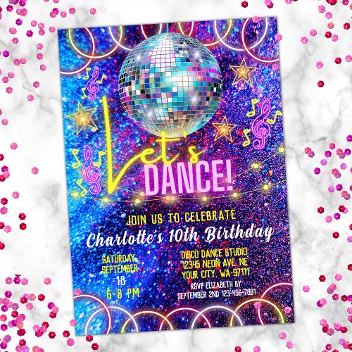 Colorful Neon Pink Glow Girls Lets Dance Party Invitation