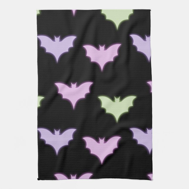 Colorful Neon Pink Purple Green  Bats Halloween   Kitchen Towel (Vertical)
