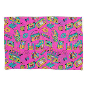 Colorful Neon Pink Retro 80s 90s Fun Tech Pattern Pillow Case