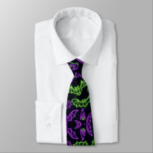 Colorful Neon Purple Green Bats Halloween Neck Tie