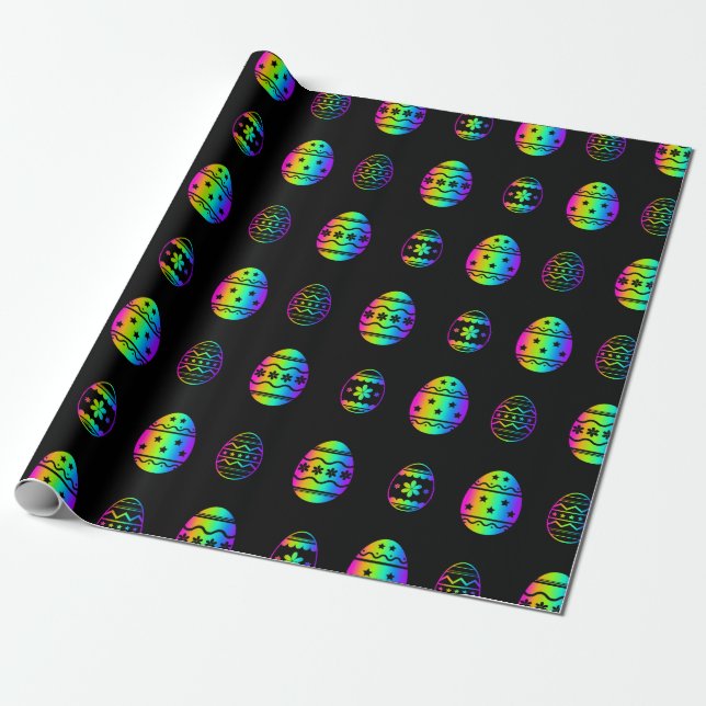 Colorful Neon Rainbow Easter Egg Pattern Black Wrapping Paper (Unrolled)