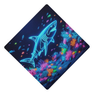 Colorful neon shark graduation cap topper