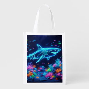 Colorful neon shark  grocery bag