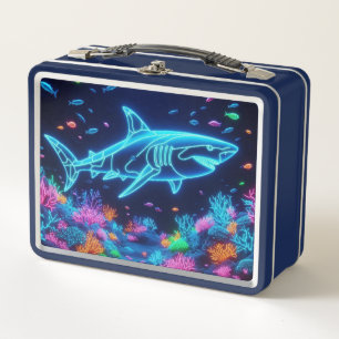 Colorful neon shark metal lunch box