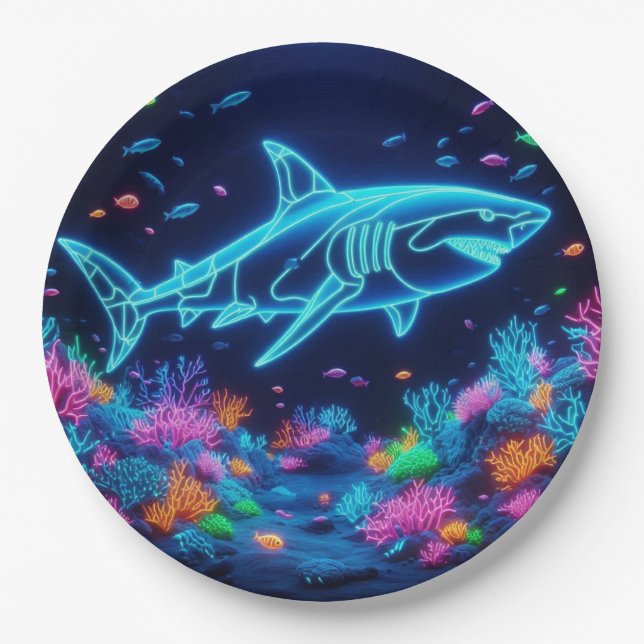 Colorful neon shark  paper plates (Front)