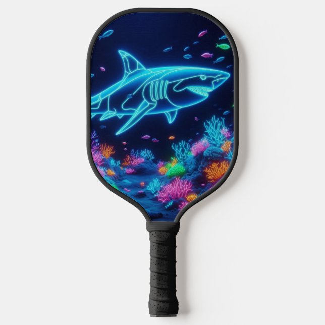 Colorful neon shark  pickleball paddle (Front)