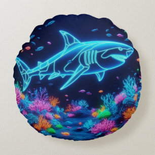 Colorful neon shark  round pillow