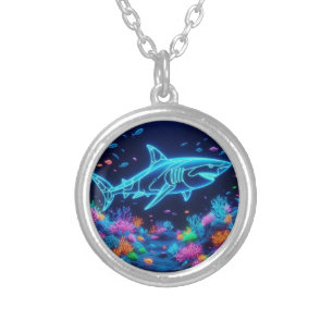 Colorful neon shark silver plated necklace