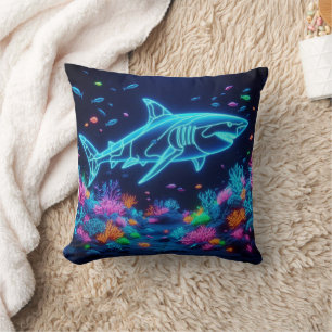 Colorful neon shark  throw pillow