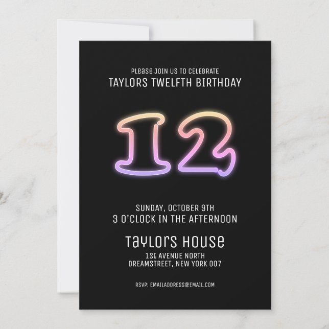 Colorful Neon Sign 12th Trendy Birthday Party Invitation (Front)